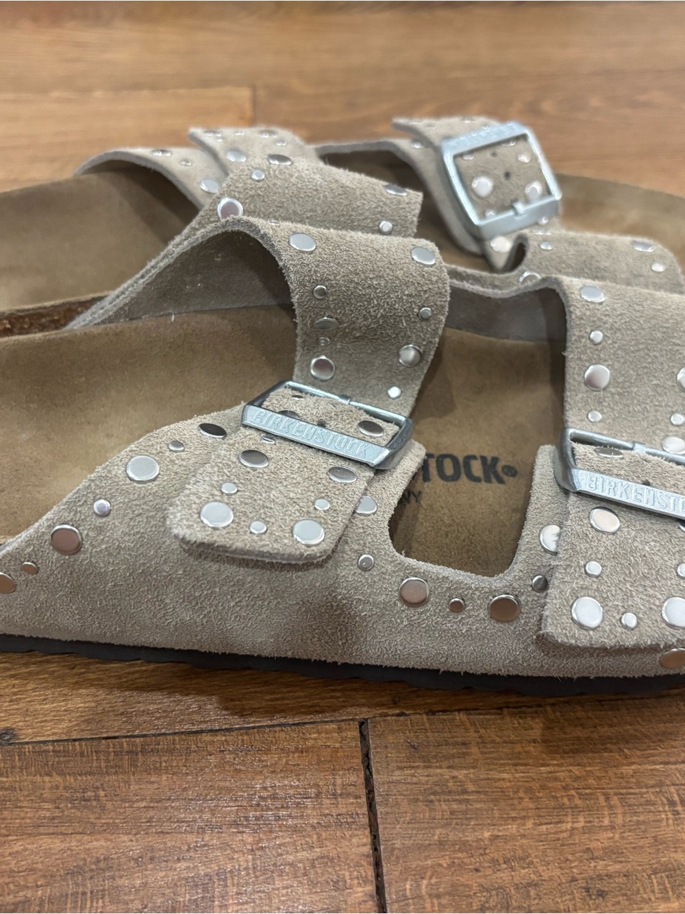 Birkenstock Taupe Suede Studded Arizona Sandals - Picture 3 of 4